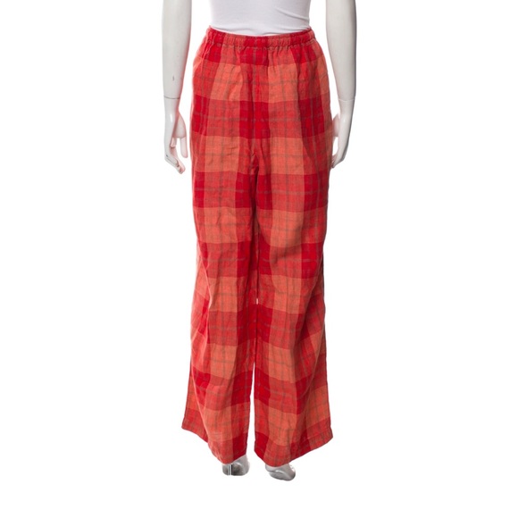 Eskandar 100% Linen Orange Plaid Wide-Leg Pants - Picture 3 of 3